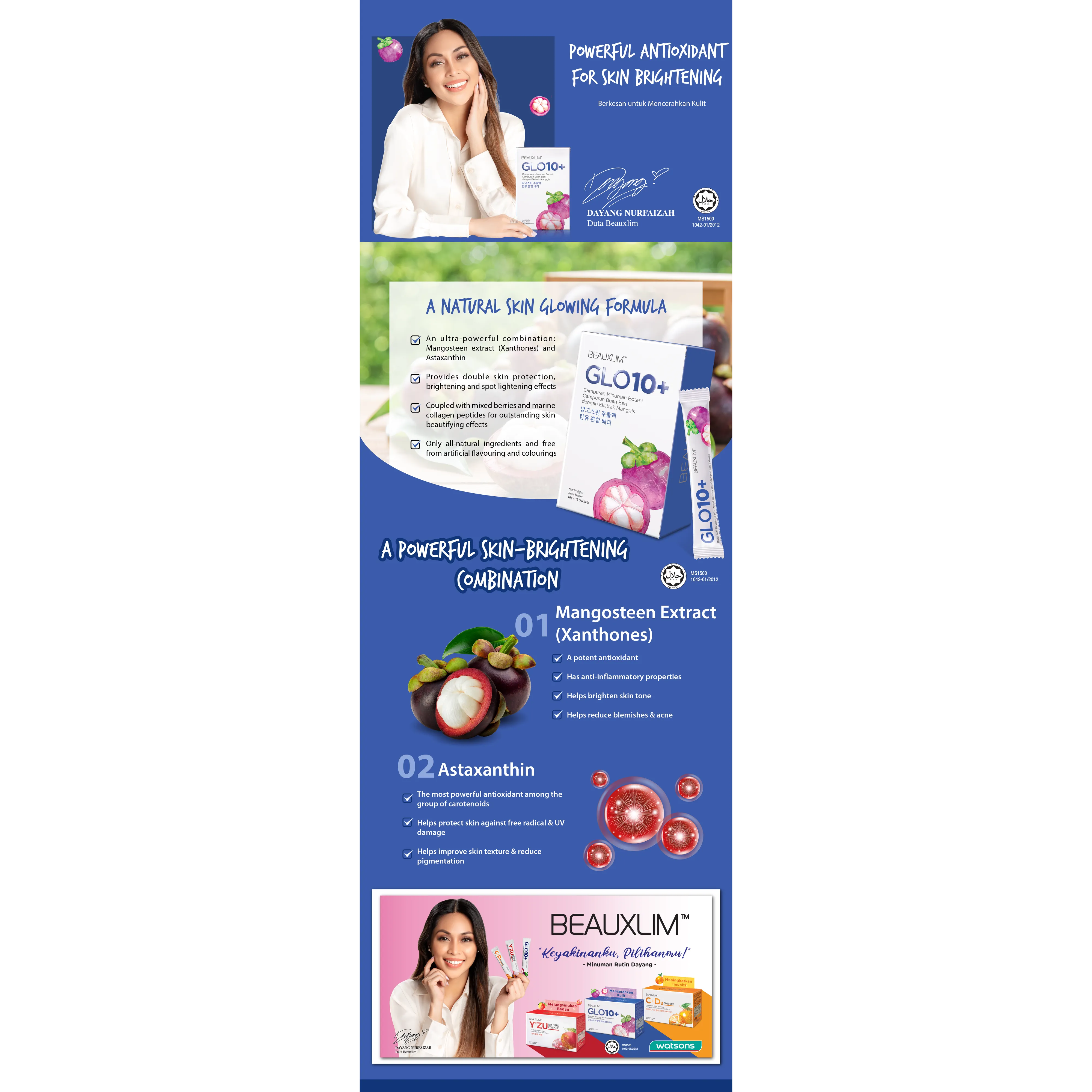 Beauxlim Glo10+ Mangosteen Extract and Astaxanthin with Marine Collagen (10g X 15 Sachets)