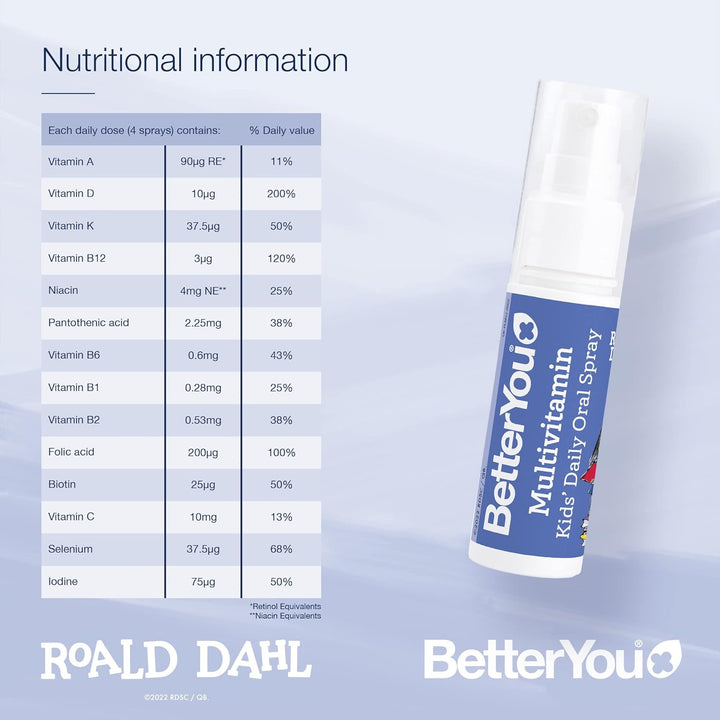 BetterYou MultiVit Junior Daily Oral Spray | Includes 14 Essential Nutrients to Support Your Child's Health And Wellbeing | Multi Vitamin | Rasberry Flavour | 25 ml