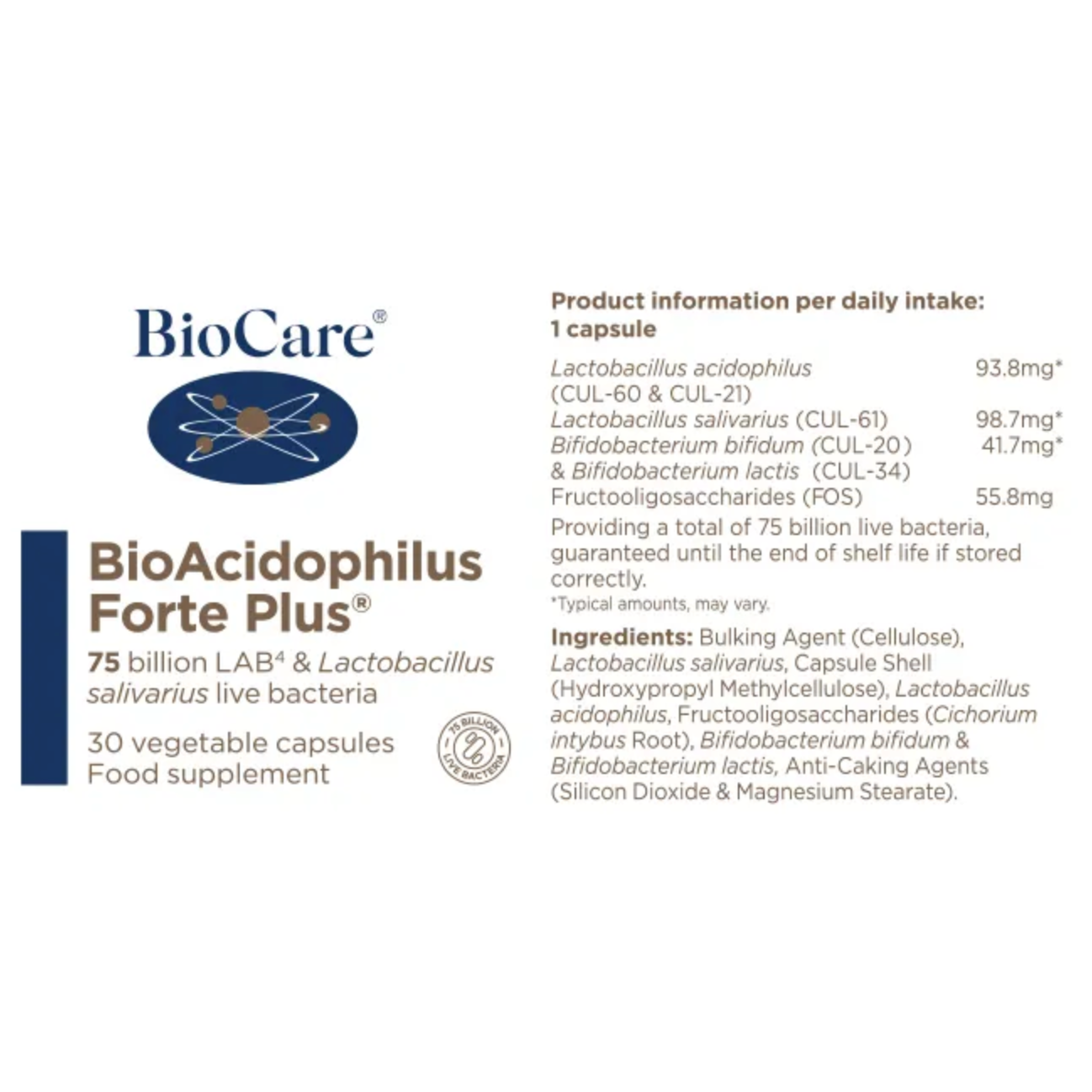 BioCare BioAcidophilus Forte Plus Probiotic 75 Billion LAB4 complex of live bacteria with Lactobacillus salivarius 30 Capsules Vegan