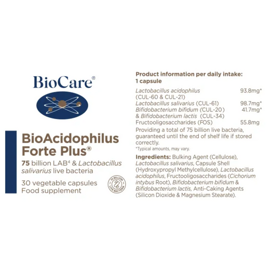 BioCare BioAcidophilus Forte Plus Probiotic 75 Billion LAB4 complex of live bacteria with Lactobacillus salivarius 30 Capsules Vegan