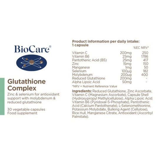 BioCare Glutathione Complex with zinc and selenium for antioxidant support 30 Capsules