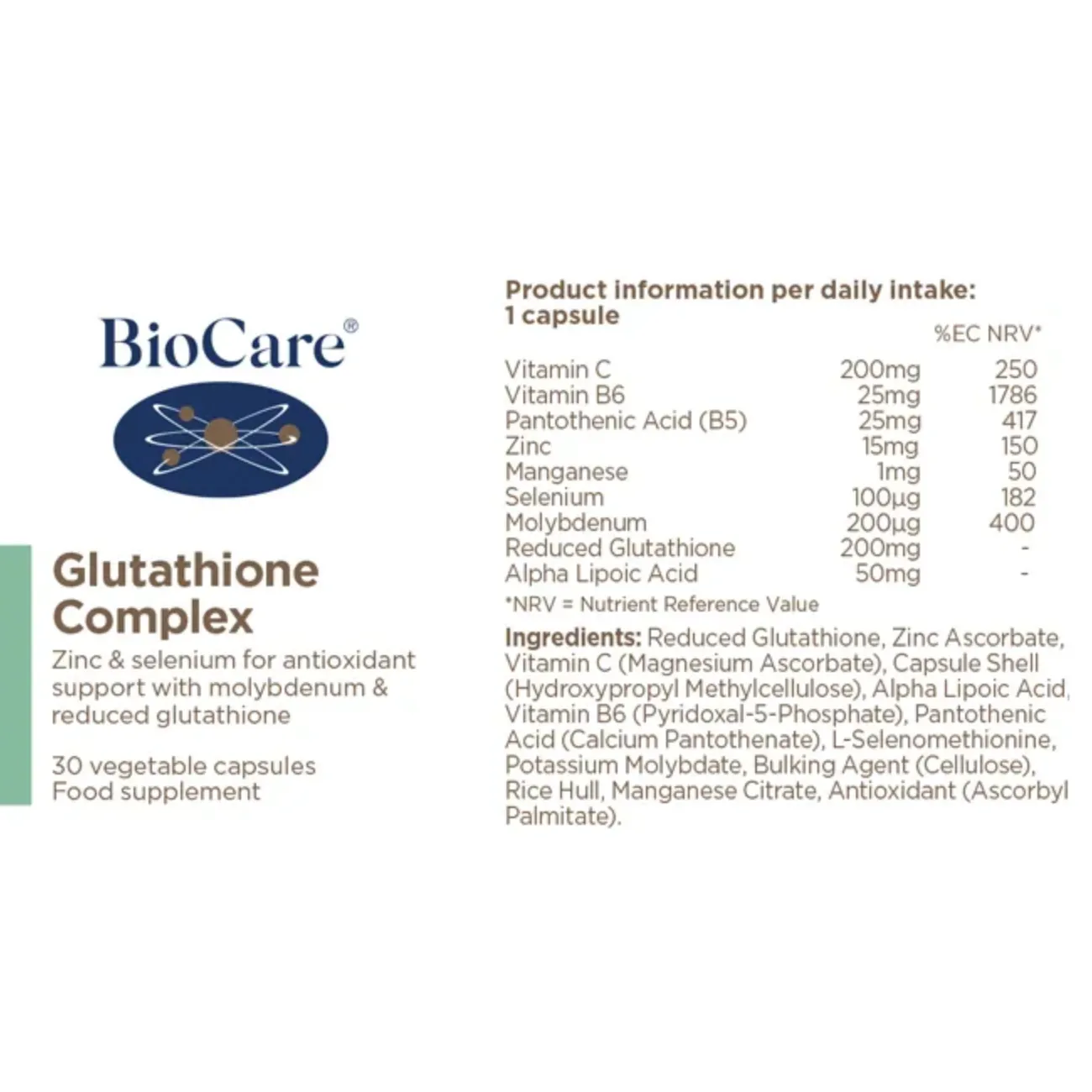 BioCare Glutathione Complex with zinc and selenium for antioxidant support 30 Capsules