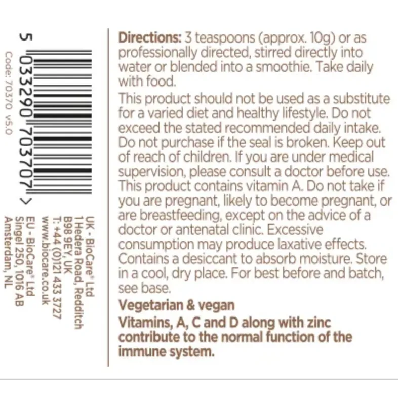 BioCare Immune Intensive Powder with elderberry, sage, zinc, and vitamins A, C and D for immune support 70g Vegan