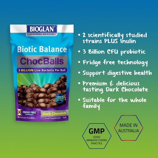 Bioglan Biotic Balance ChocBalls Dark Chocolate with 3 Billion Live Bacteria Per Ball with Inulin, Vegetarian 75g