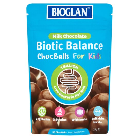 Bioglan Biotic Balance ChocBalls For Kids Milk Chocolate 1 Billion Live Bacteria Per Ball with Inulin, Vegetarian suitable for 4+ years 75g