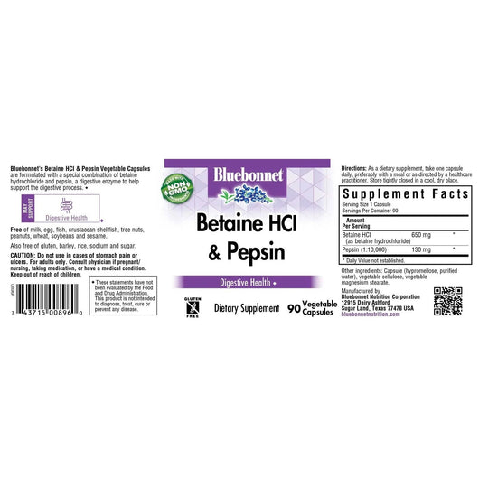 Bluebonnet Nutrition Betaine HCL Plus Pepsin 180 Veggie Caps