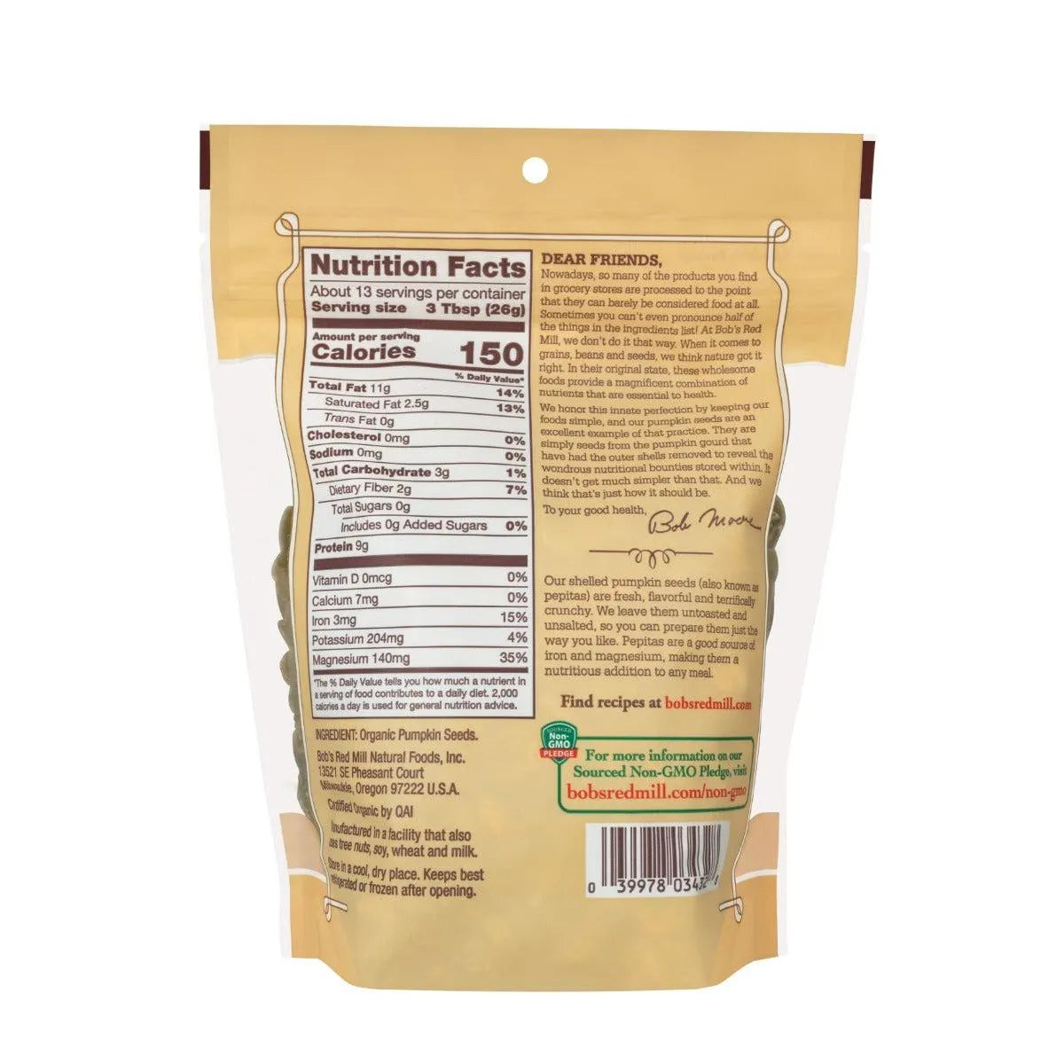 Bob's Red Mill Organic Pumpkin Seeds Keto Friendly Vegan Non-GMO 340g