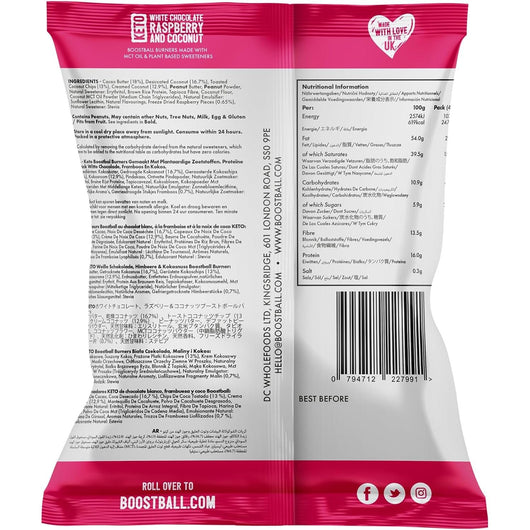 Boost Ball Keto Bites Low Sugar Low Carbs Vegan White Chocolate Raspberry and Coconut 40g