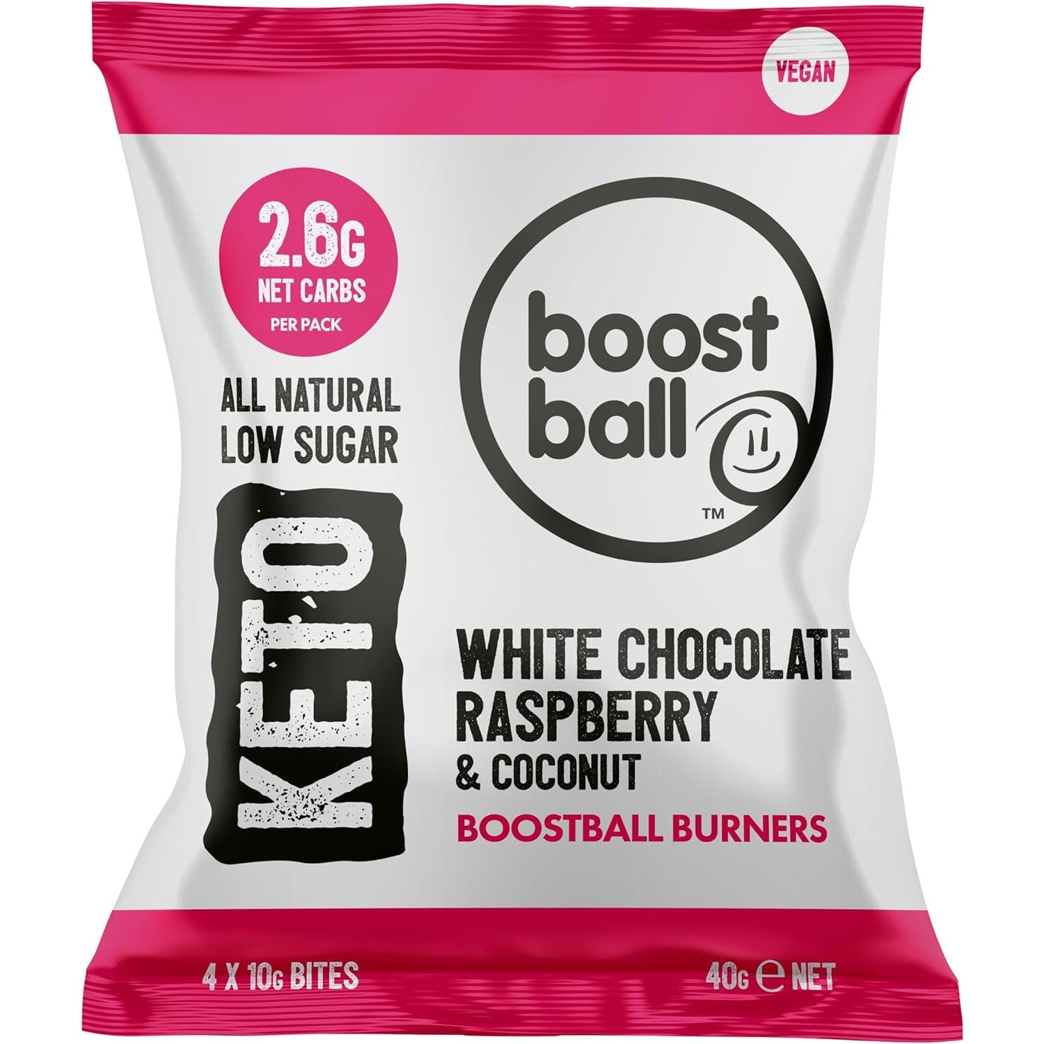 Boost Ball Keto Bites Low Sugar Low Carbs Vegan White Chocolate Raspberry and Coconut 40g