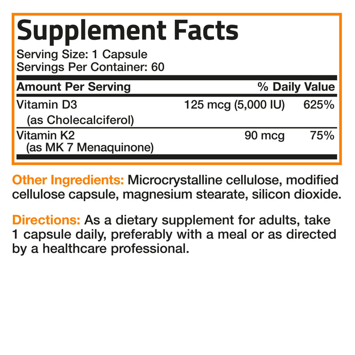 Bronson Vitamin D3 5000IU with Vitamin K2 as MK-7 60 Capsules