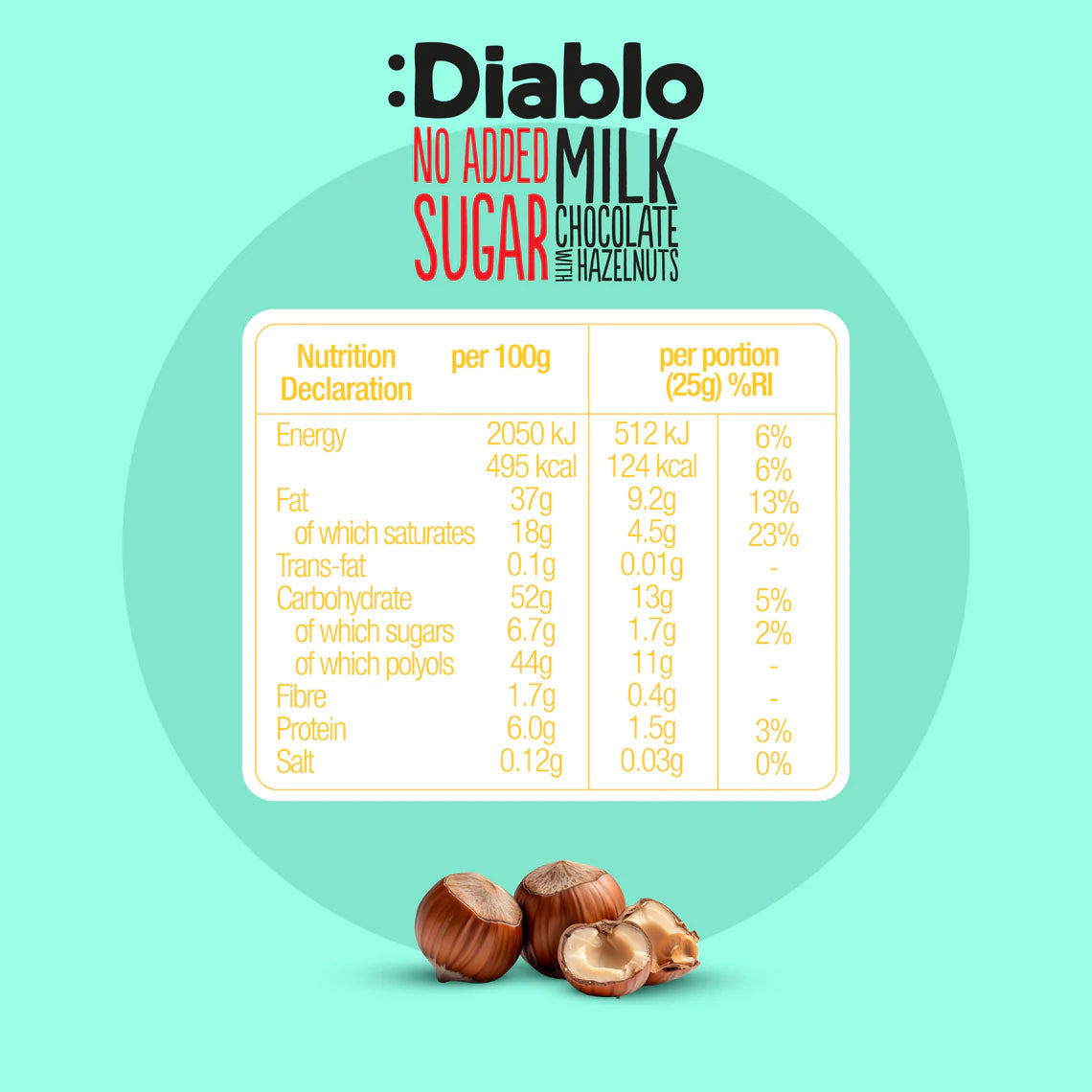شوكولاتة ديابلو بالحليب مع البندق، بدون إضافة سكر، 75 غرام