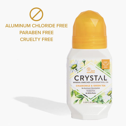 CRYSTAL Body Mineral Deodorant Roll-On Chamomile & Green Tea With 24-Hour Odor Protection, Aluminum Free Chloride Free & Paraben Free 66ml