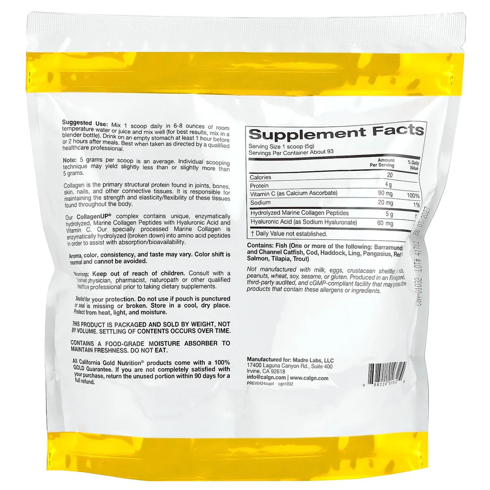 California Gold Nutrition Hydrolyzed Marine Collagen Peptides with Hyaluronic Acid and Vitamin C, Unflavored 464g