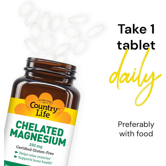 Country Life Chelated Magnesium 250 mg Gluten Free 180 Tablets