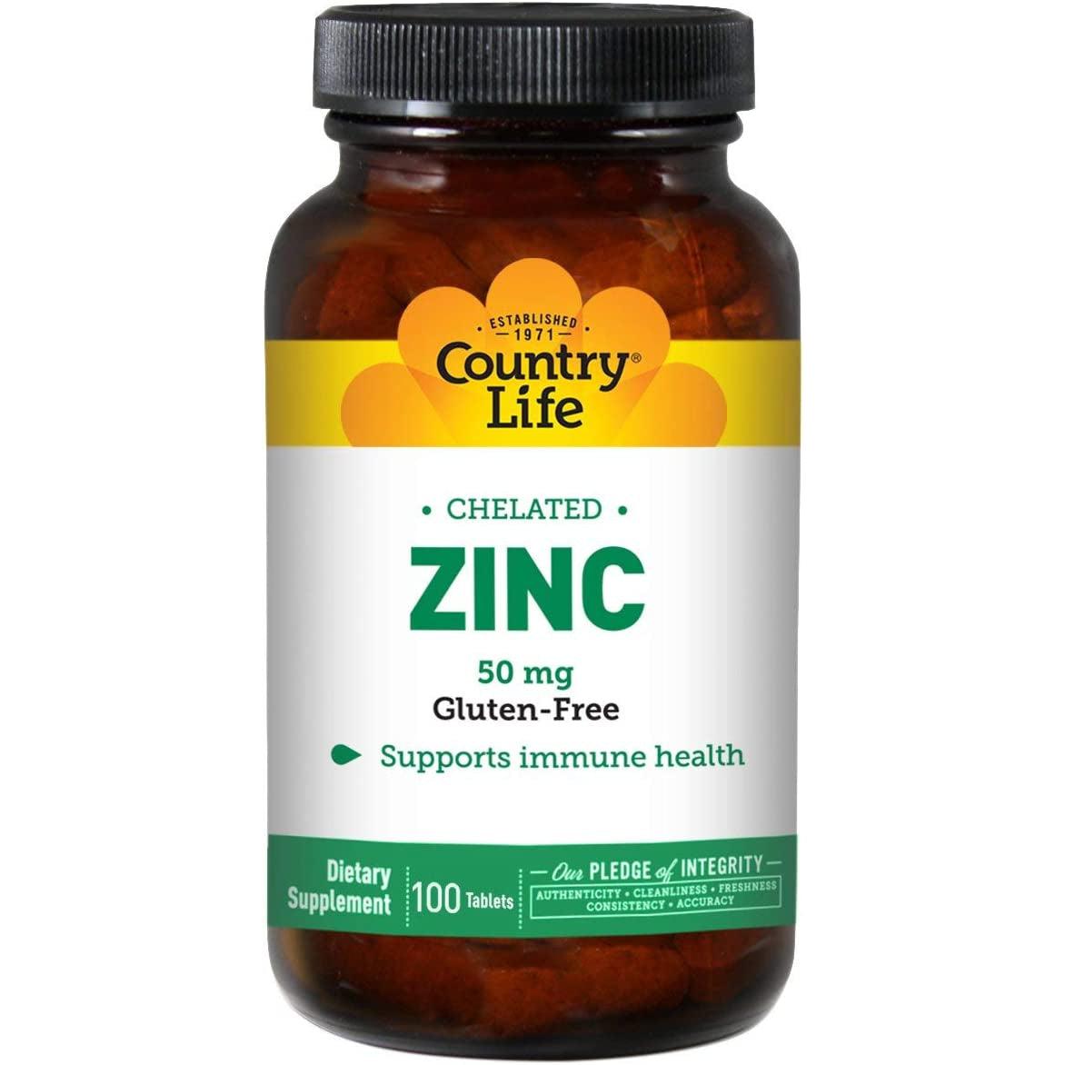 Country Life Chelated Zinc 50mg Gluten Free Non-GMO 100 Tablets