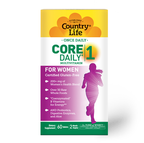 Country Life Core Daily-1 Multivitamins for Women, From Raw Whole Foods and Probiotics with Digestive Enzymes, 60 Tablets, Certified Gluten Free, Certified Vegetarian