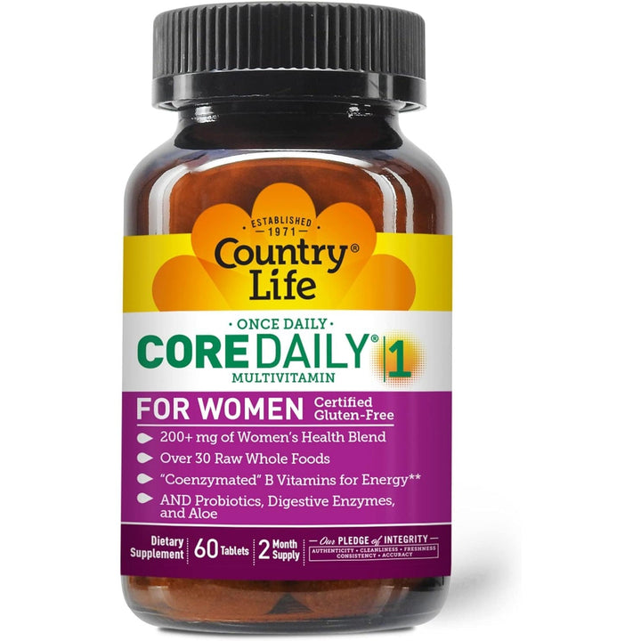 Country Life Core Daily-1 Multivitamins for Women, From Raw Whole Foods and Probiotics with Digestive Enzymes, 60 Tablets, Certified Gluten Free, Certified Vegetarian