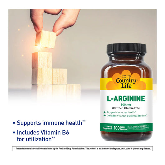 Country Life L-Arginine 500mg Gluten Free 100 Vegan Capsules