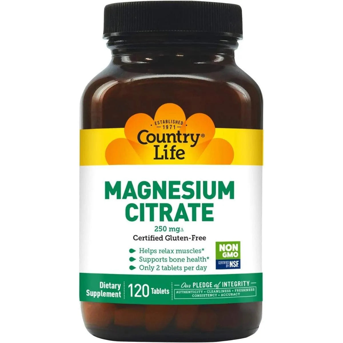 Country Life Magnesium Citrate 250 mg Gluten Free Non-GMO 120 Tablets