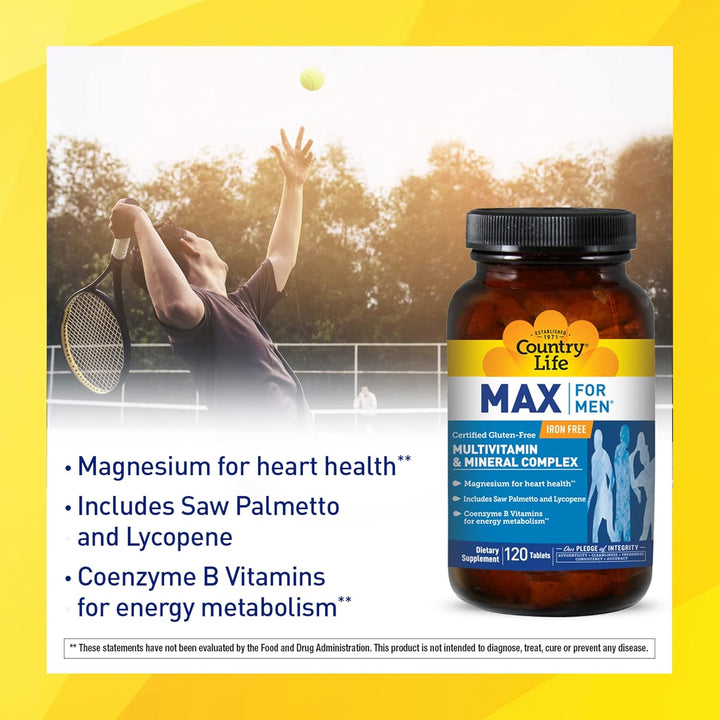 Country Life Max for Men Multivitamin & Mineral Complex Iron Free with Saw Palmetto Gluten Free 120 Tablet