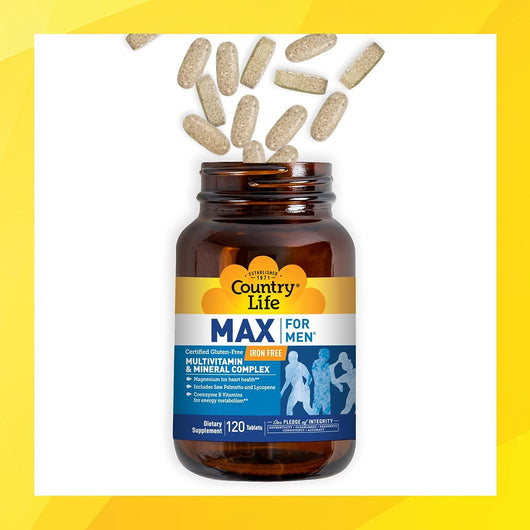 Country Life Max for Men Multivitamin & Mineral Complex Iron Free with Saw Palmetto Gluten Free 120 Tablet