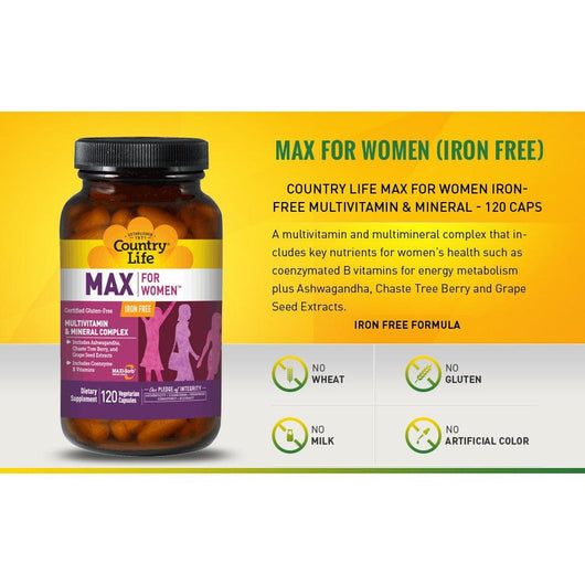 Country Life Max for Women Iron Free Multivitamin & Mineral Complex with Ashwagandha 120 Vegetarian Capsules