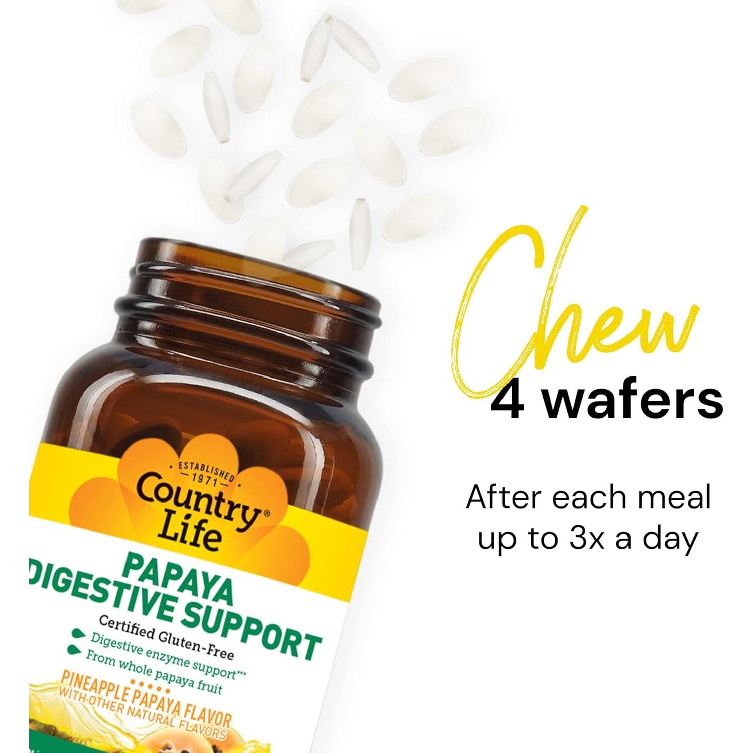Country Life, Papaya Digestive Enzymes Support, Daily Enzymes to Promote Digestive Health and Nutrient Absorption, 200 Chewable Wafers