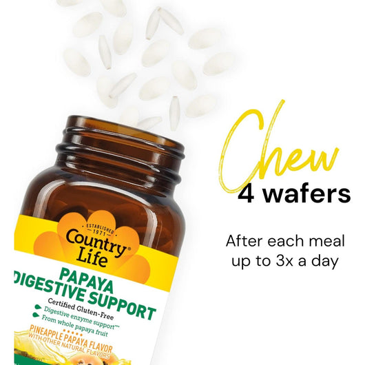 Country Life, Papaya Digestive Enzymes Support, Daily Enzymes to Promote Digestive Health and Nutrient Absorption, 200 Chewable Wafers