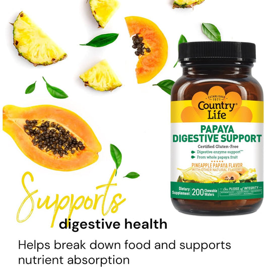 Country Life, Papaya Digestive Enzymes Support, Daily Enzymes to Promote Digestive Health and Nutrient Absorption, 200 Chewable Wafers