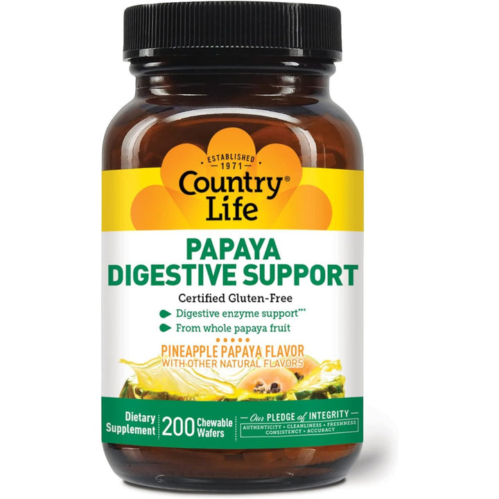 Country Life, Papaya Digestive Enzymes Support, Daily Enzymes to Promote Digestive Health and Nutrient Absorption, 200 Chewable Wafers