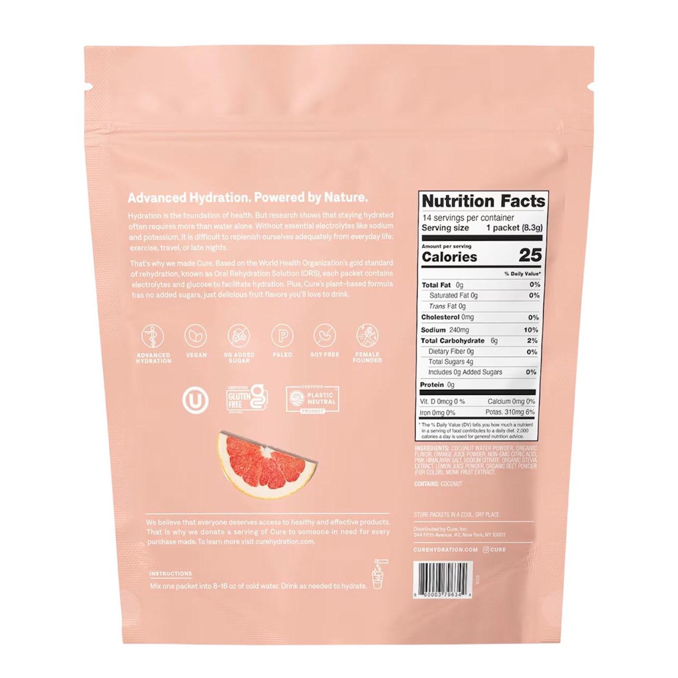 Cure Hydration Hydrating Electrolyte Drink Mix Grapefruit 14 Packets