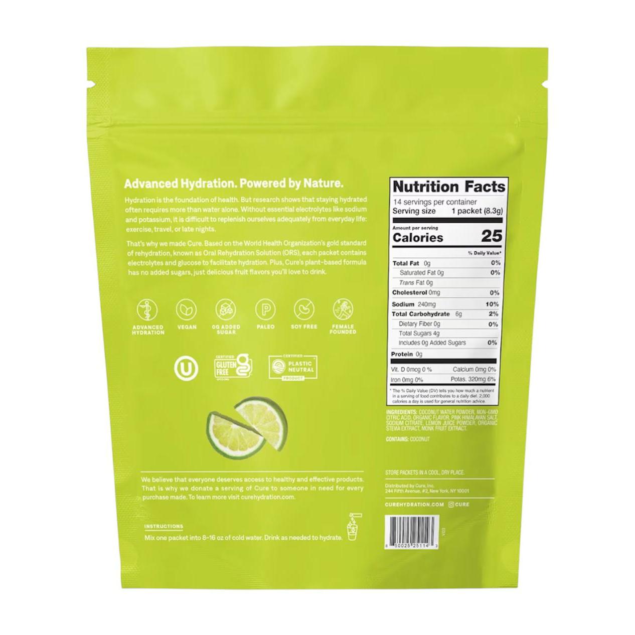 Cure Hydration Hydrating Electrolyte Drink Mix Lime 14 Packs