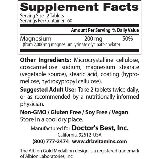 Doctor's Best High Absorption Magnesium Glycinate 100 mg 120 Tablets