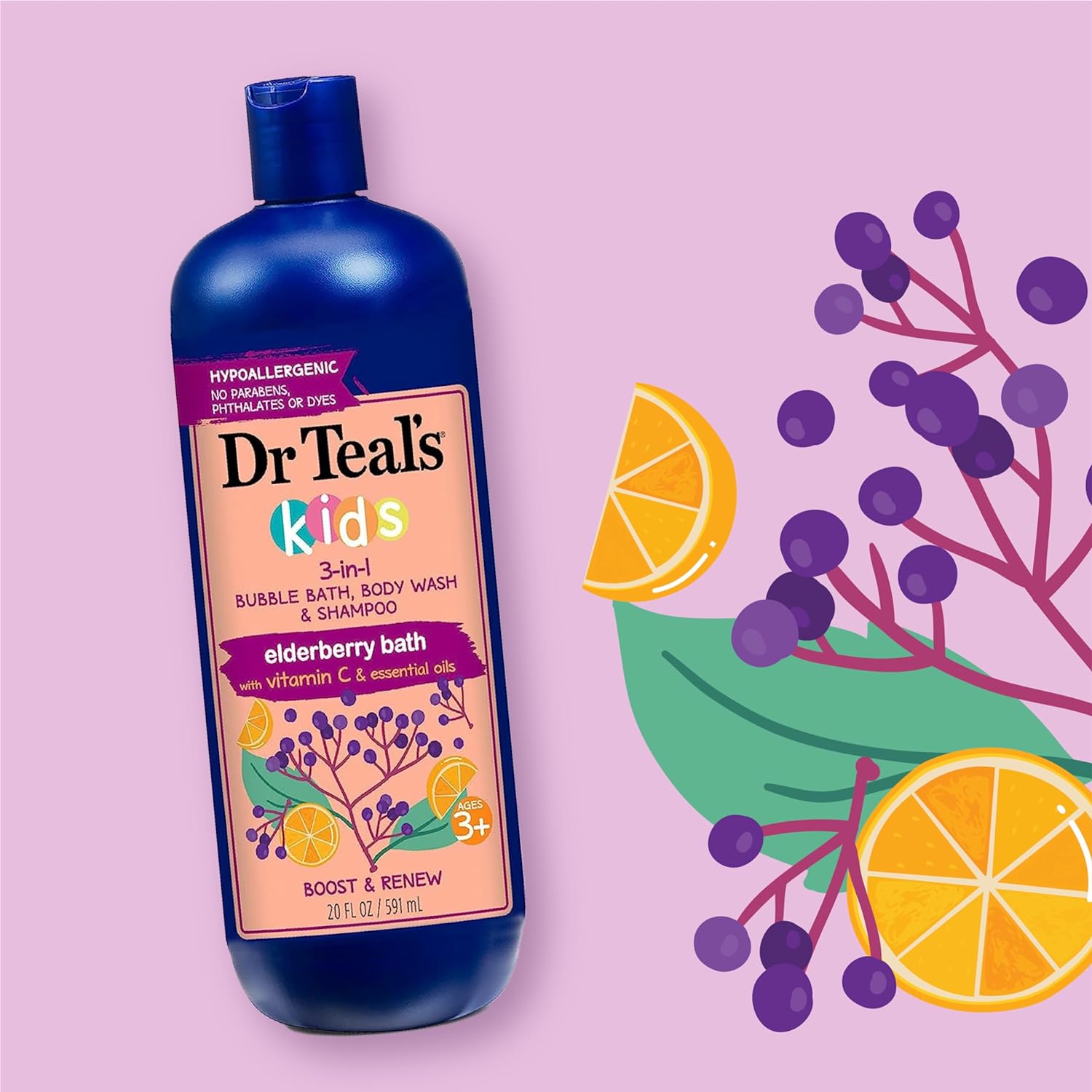 Dr Teal's Kids 3-in-1 Elderberry Bath: Bubble Bath, Body Wash & Shampoo 591ml