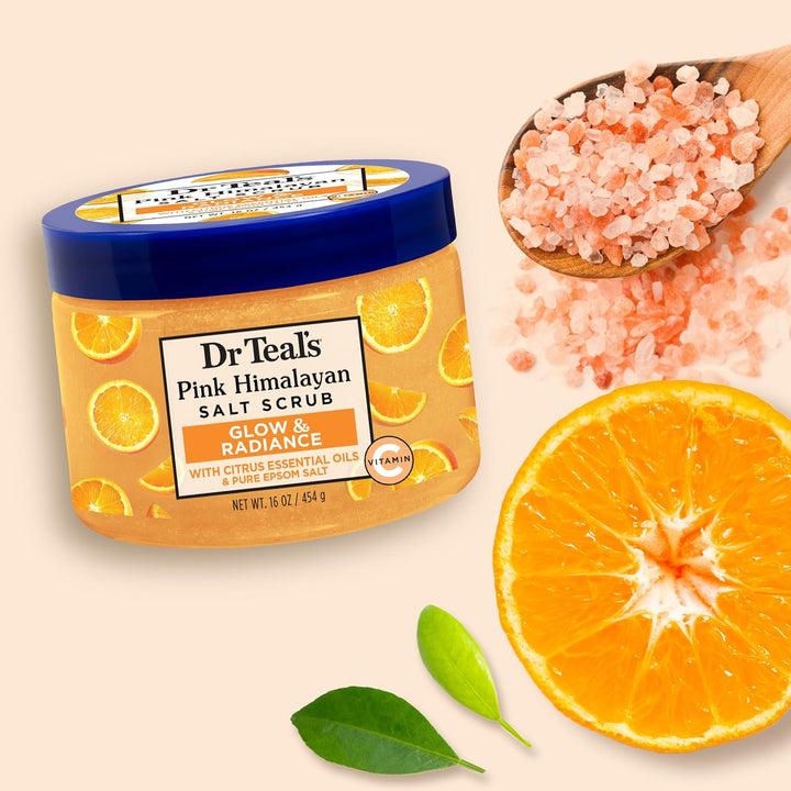 Dr Teal's Pink Himalayan Salt Body Scrub, Glow & Radiance with Pure Epsom Salt & Citrus Essential Oils 16 oz