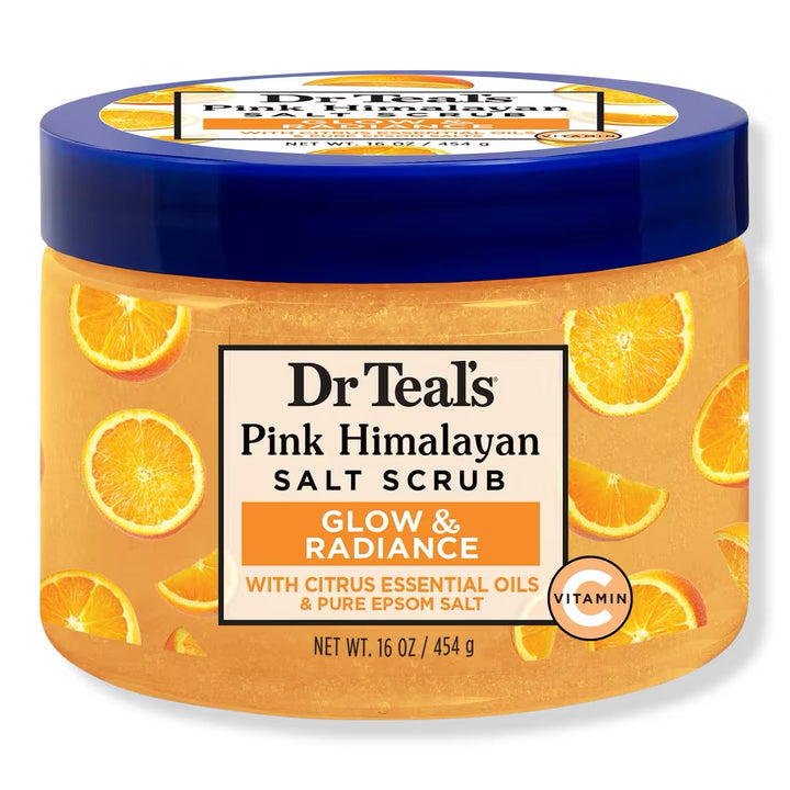 Dr Teal's Pink Himalayan Salt Body Scrub, Glow & Radiance with Pure Epsom Salt & Citrus Essential Oils 16 oz