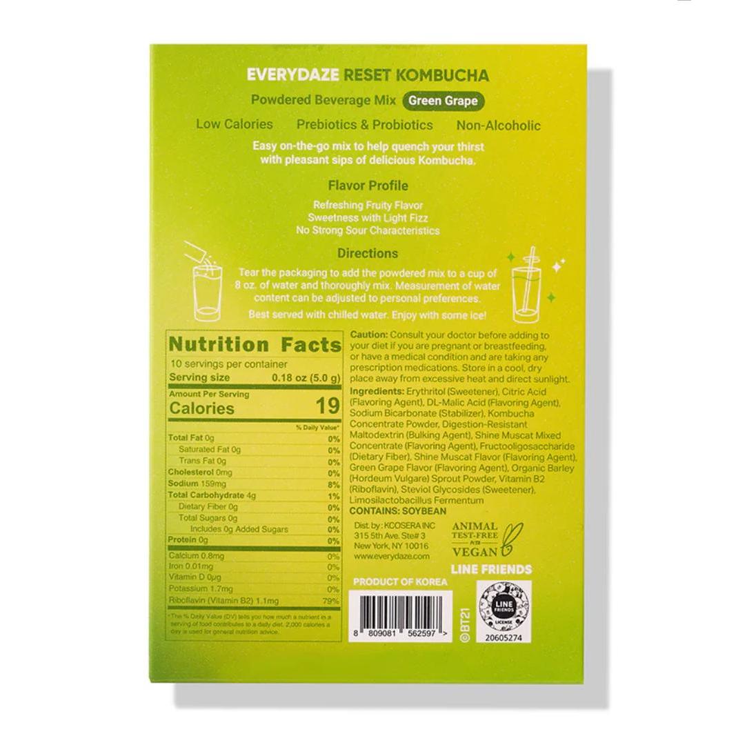 Everydaze, Reset Kombucha, Powdered Beverage Mix, Green Grape, 10 Packets, 0.18 oz 5 g Each