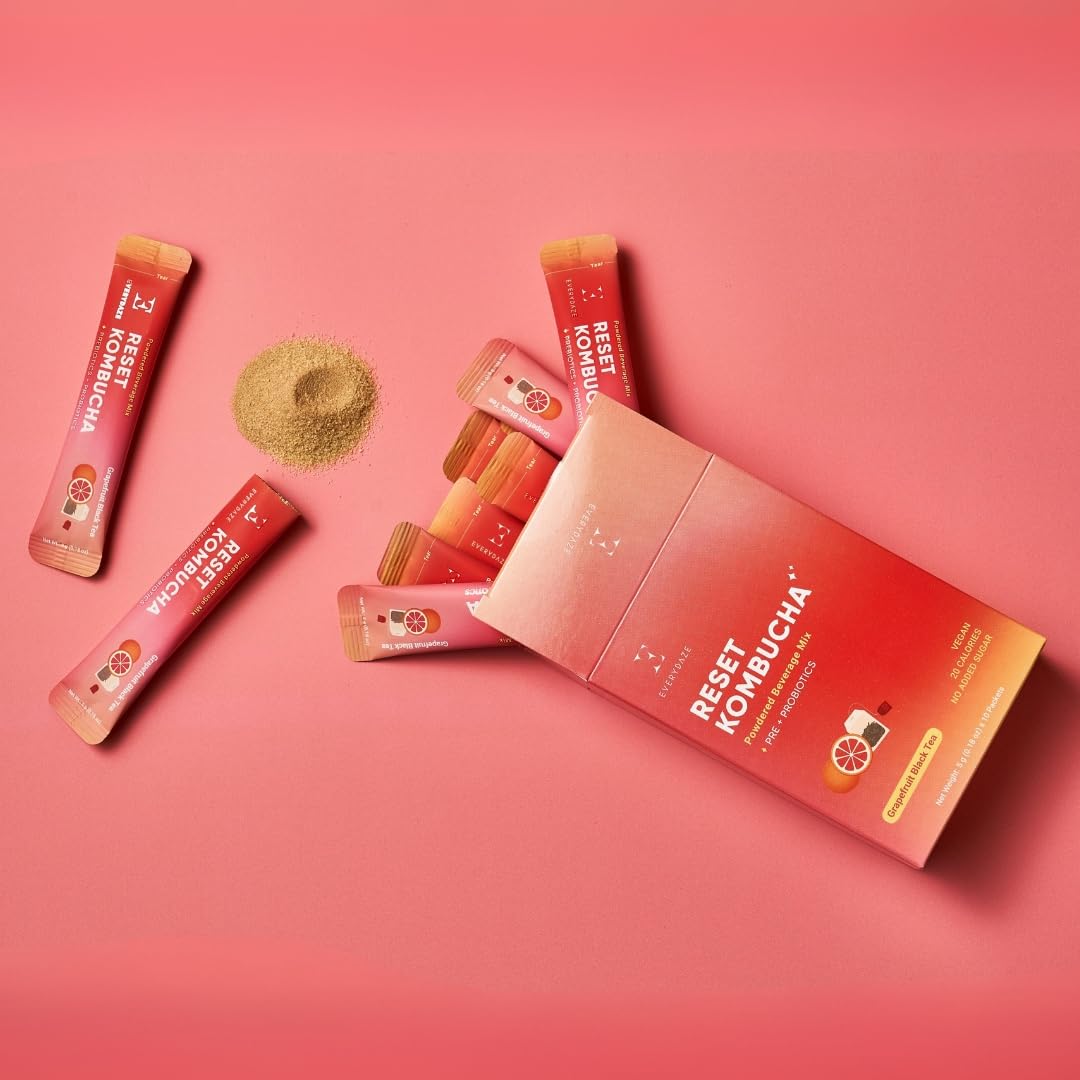 Everydaze Reset Kombucha Tea Powdered Beverage Mix | 10 Sticks | Prebiotics + Probiotics | Vegan | No Added Sugar, Gluten Free, Sparkling Powder Drink Grapefruit Black Tea