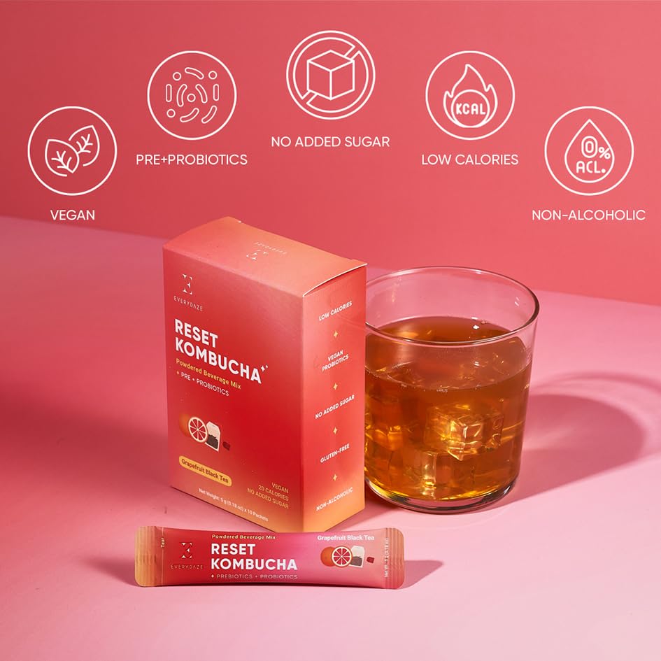 Everydaze Reset Kombucha Tea Powdered Beverage Mix | 10 Sticks | Prebiotics + Probiotics | Vegan | No Added Sugar, Gluten Free, Sparkling Powder Drink Grapefruit Black Tea