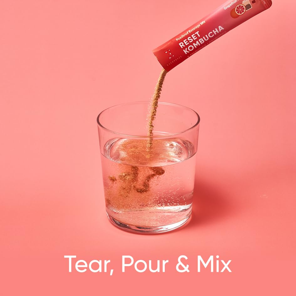 Everydaze Reset Kombucha Tea Powdered Beverage Mix | 10 Sticks | Prebiotics + Probiotics | Vegan | No Added Sugar, Gluten Free, Sparkling Powder Drink Grapefruit Black Tea