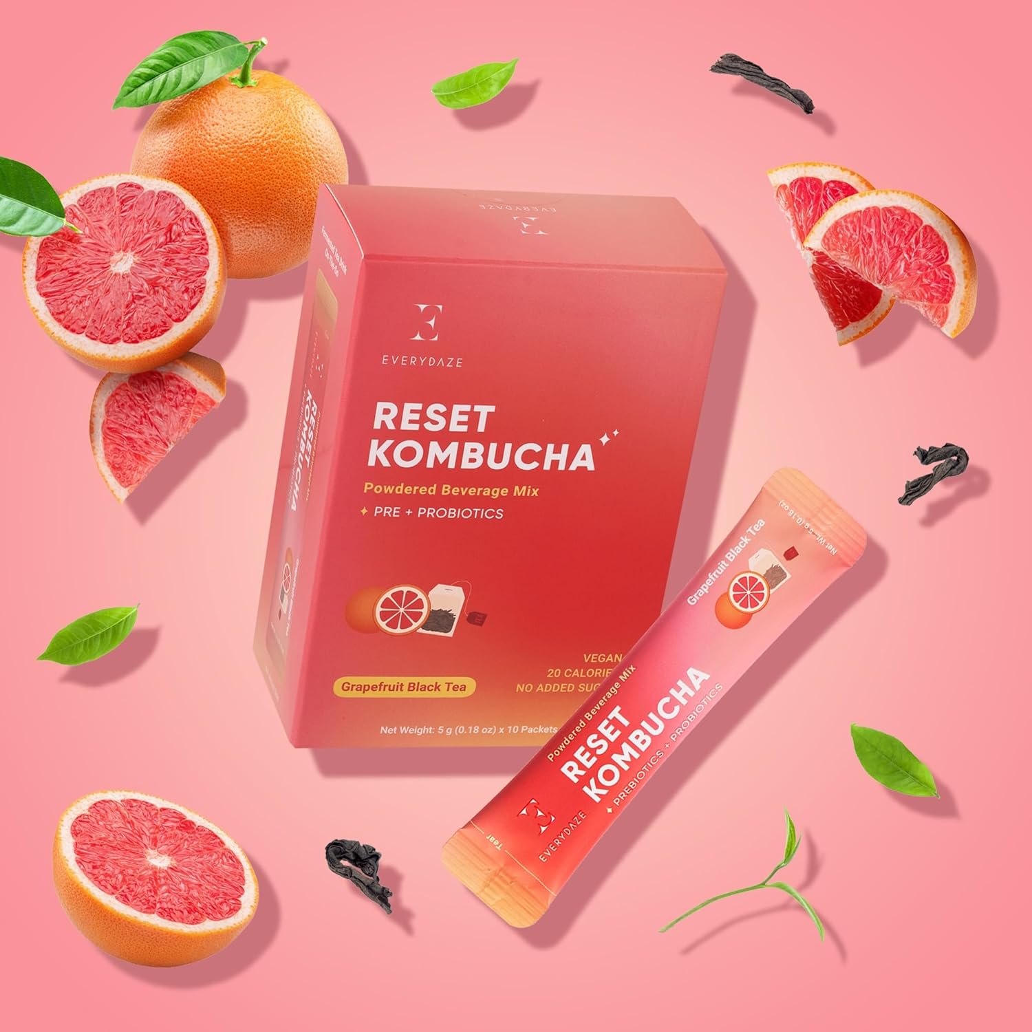 Everydaze Reset Kombucha Tea Powdered Beverage Mix | 10 Sticks | Prebiotics + Probiotics | Vegan | No Added Sugar, Gluten Free, Sparkling Powder Drink Grapefruit Black Tea