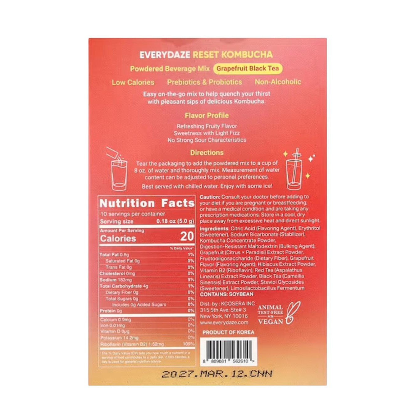 Everydaze Reset Kombucha Tea Powdered Beverage Mix | 10 Sticks | Prebiotics + Probiotics | Vegan | No Added Sugar, Gluten Free, Sparkling Powder Drink Grapefruit Black Tea