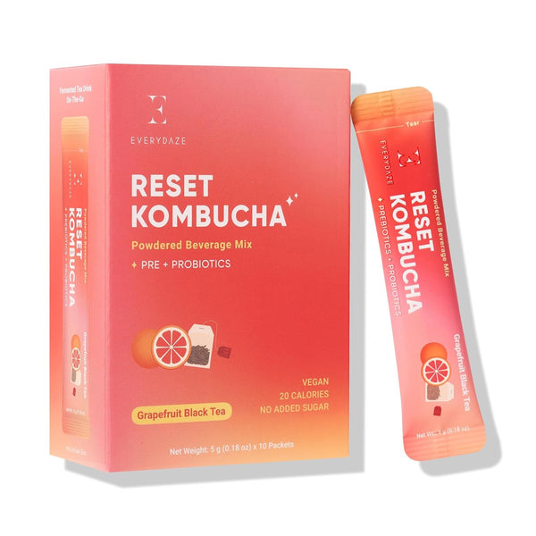 Everydaze Reset Kombucha Tea Powdered Beverage Mix | 10 Sticks | Prebiotics + Probiotics | Vegan | No Added Sugar, Gluten Free, Sparkling Powder Drink Grapefruit Black Tea