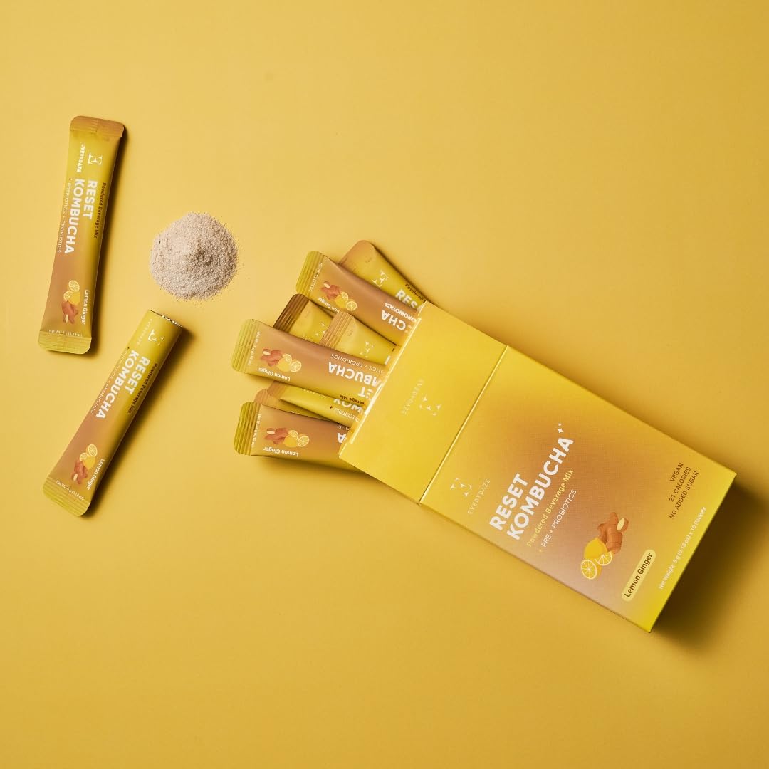 Everydaze Reset Kombucha Tea Powdered Beverage Mix | 10 Sticks | Prebiotics + Probiotics | Vegan | No Added Sugar, Gluten Free, Sparkling Powder Drink Lemon Ginger