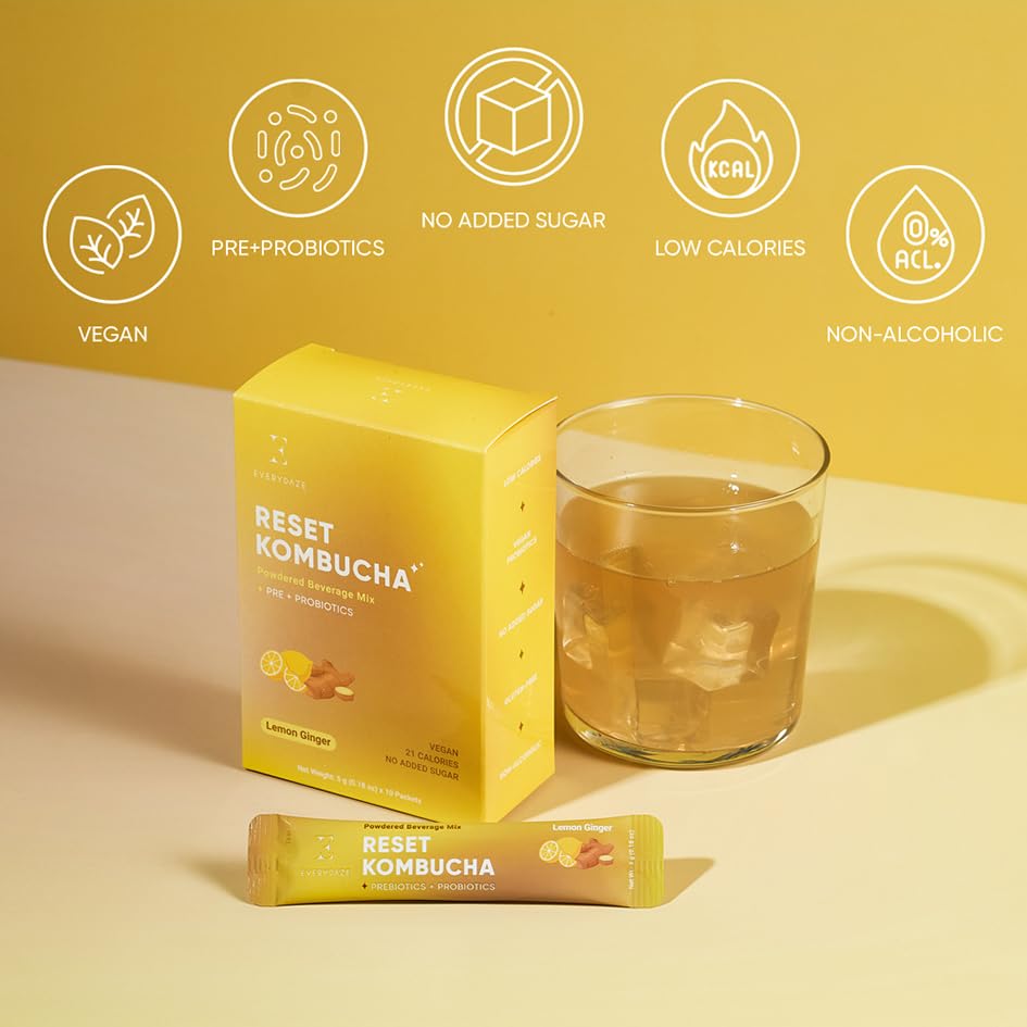 Everydaze Reset Kombucha Tea Powdered Beverage Mix | 10 Sticks | Prebiotics + Probiotics | Vegan | No Added Sugar, Gluten Free, Sparkling Powder Drink Lemon Ginger
