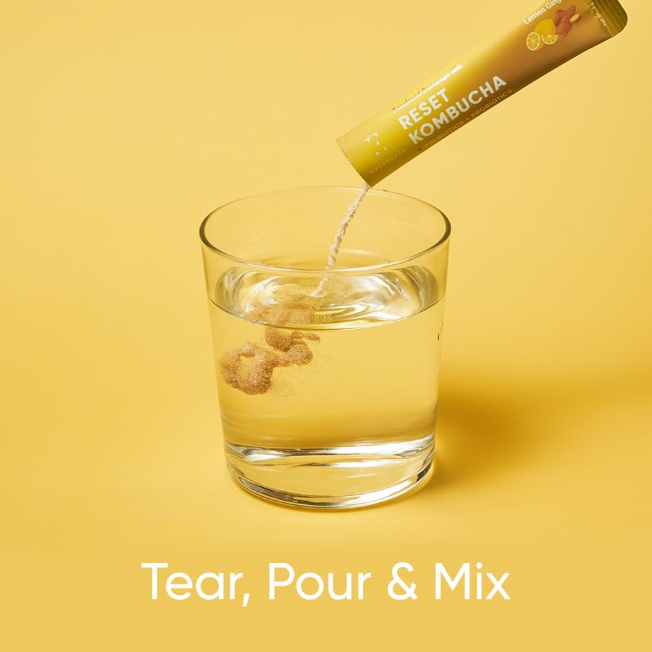Everydaze Reset Kombucha Tea Powdered Beverage Mix | 10 Sticks | Prebiotics + Probiotics | Vegan | No Added Sugar, Gluten Free, Sparkling Powder Drink Lemon Ginger