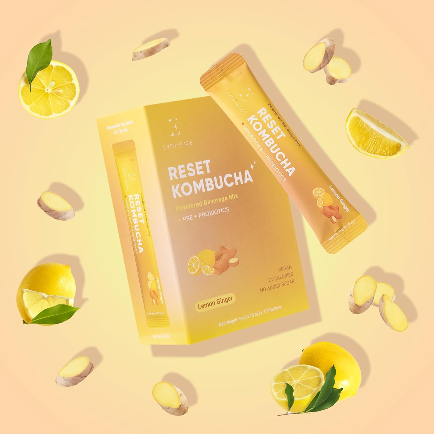 Everydaze Reset Kombucha Tea Powdered Beverage Mix | 10 Sticks | Prebiotics + Probiotics | Vegan | No Added Sugar, Gluten Free, Sparkling Powder Drink Lemon Ginger