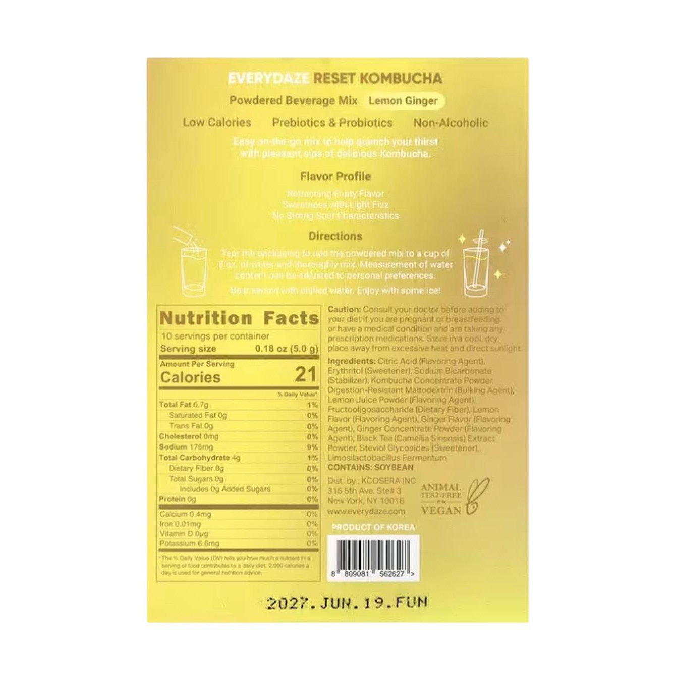 Everydaze Reset Kombucha Tea Powdered Beverage Mix | 10 Sticks | Prebiotics + Probiotics | Vegan | No Added Sugar, Gluten Free, Sparkling Powder Drink Lemon Ginger