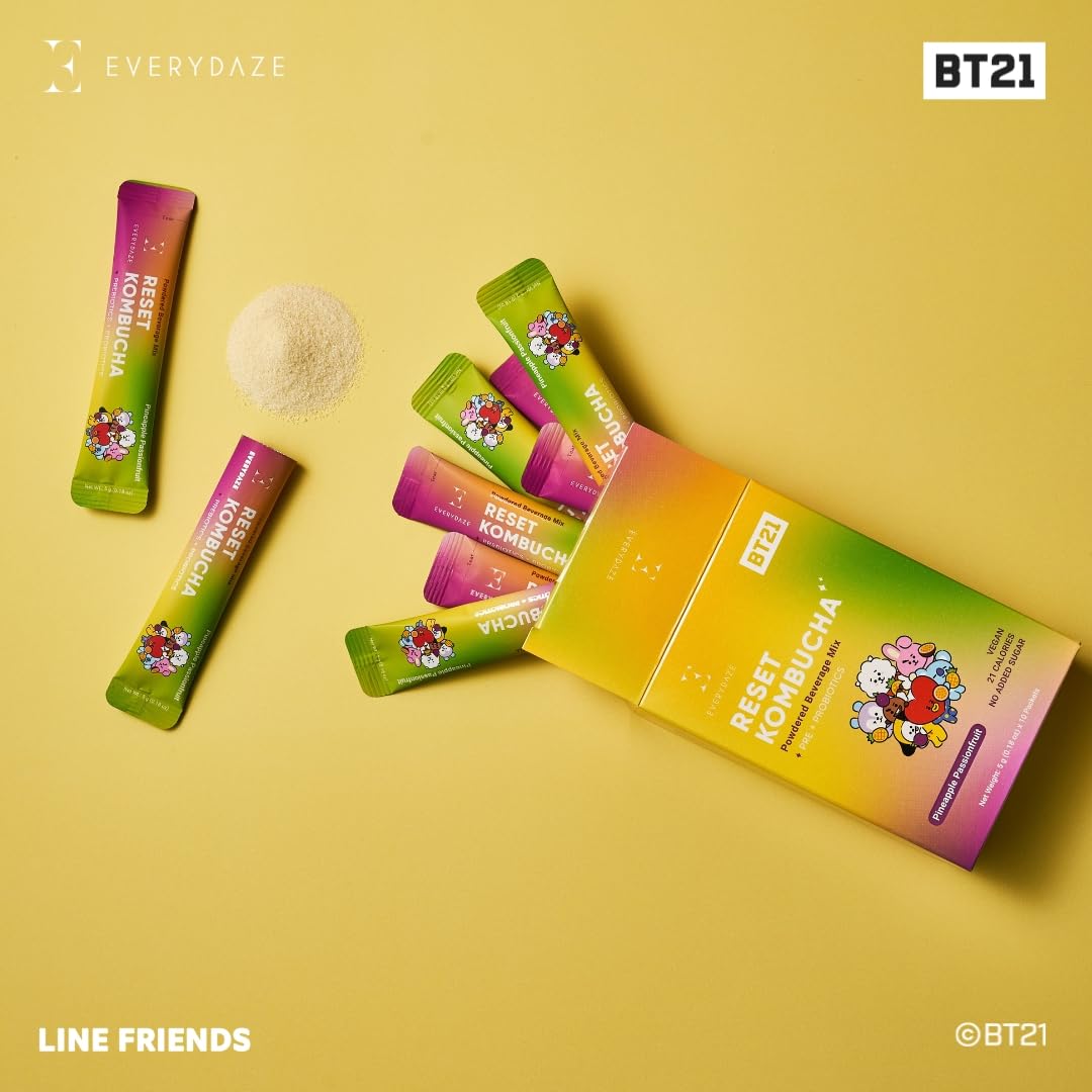 Everydaze Reset Kombucha Tea Powdered Beverage Mix | 10 Sticks | Prebiotics + Probiotics | Vegan | No Added Sugar, Gluten Free, Sparkling Powder Drink Pineapple Passion Fruit