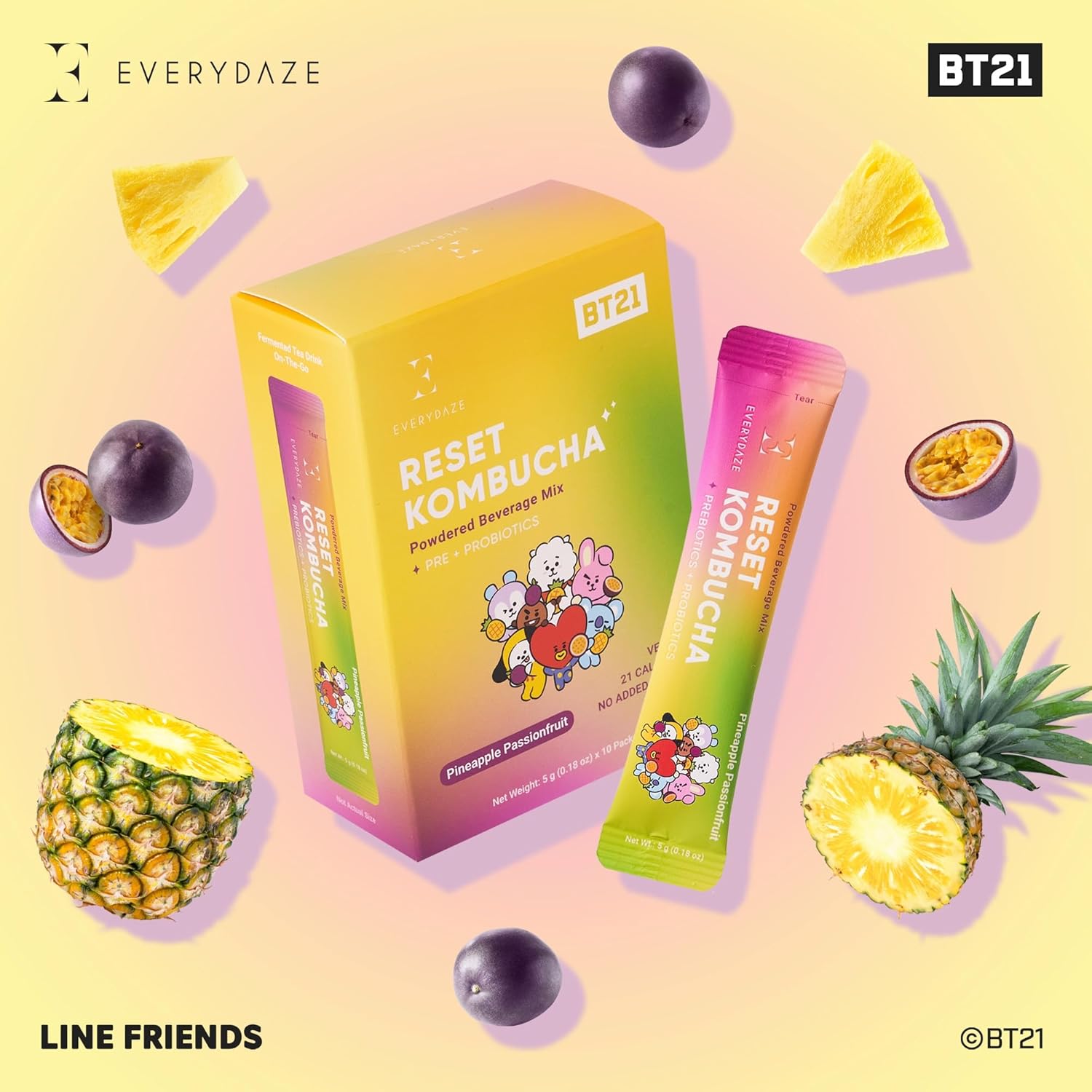 Everydaze Reset Kombucha Tea Powdered Beverage Mix | 10 Sticks | Prebiotics + Probiotics | Vegan | No Added Sugar, Gluten Free, Sparkling Powder Drink Pineapple Passion Fruit